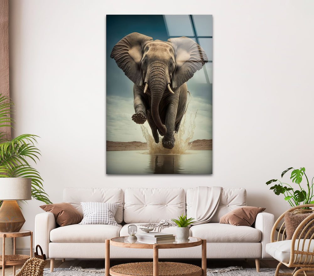 Elephant Running Glass Wall Art Glass Printing Wall Art, Print photos on glass