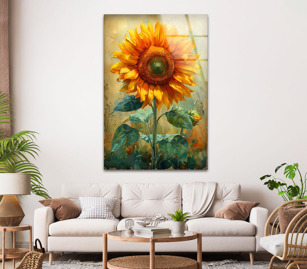 Watercolor Sunflower Glass Wall Art,  glass wall decor, glass wall art decor