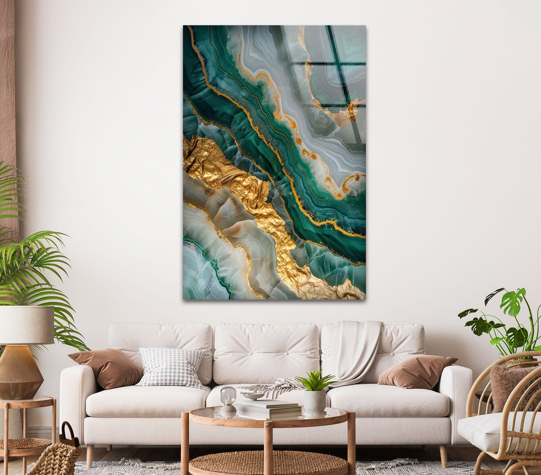 Green Gold resin Geode Tempered Glass Wall Art