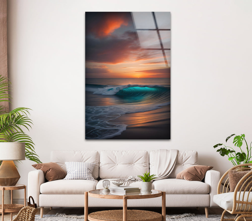 Sunset Calm Ocean Wave Glass Wall Art photo print on glass, prints on glass wall art