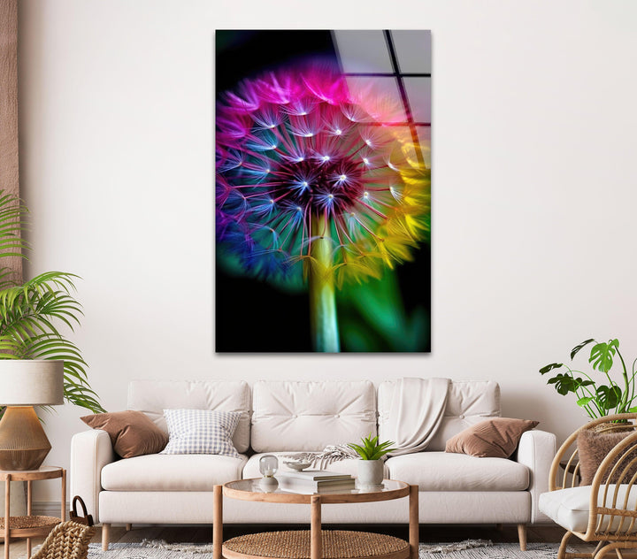 Rainbow Dandelion Glass Wall Art, photo print on glass, prints on glass wall art