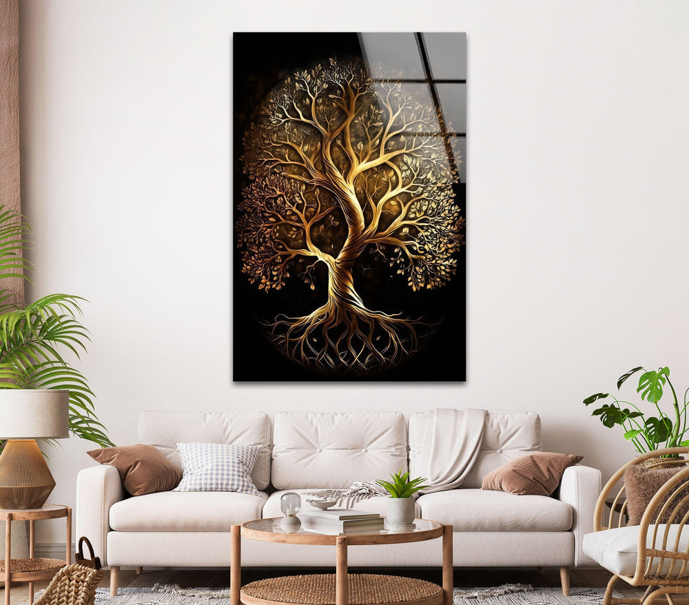 Life of Tree Gold Glass Wall Art photo print on glass, prints on glass wall art