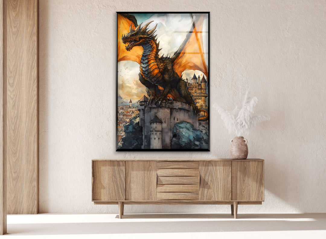 Mystical Dragon Overlooking Castle: Vibrant Glass Wall Art
