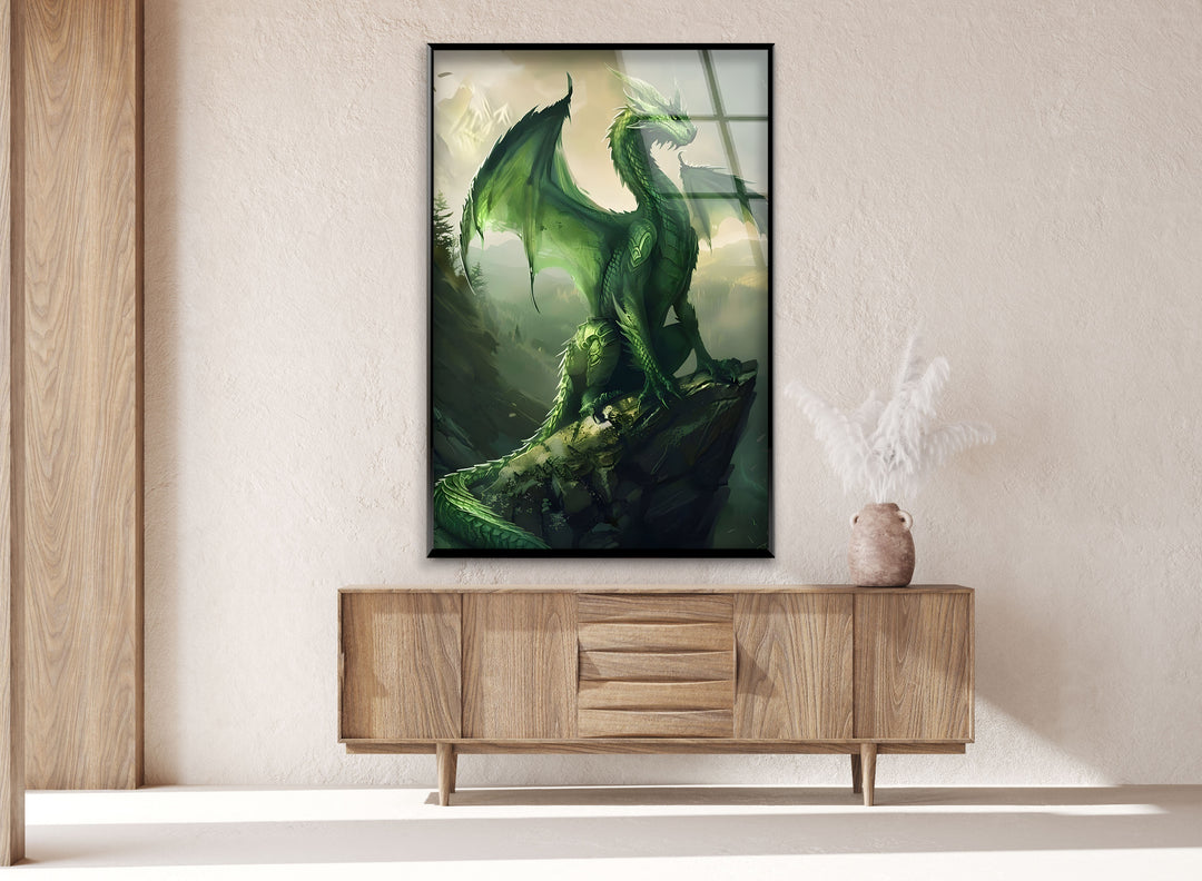 Fantasy lovers’ dream: a magnificent green dragon artwork, crafted on tempered glass.
