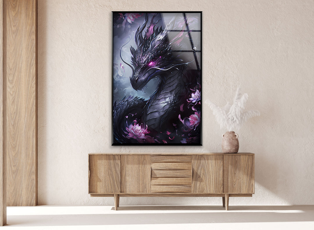 A mesmerizing purple dragon, woven into the magic of flowers and mist, captured in detailed glass wall art.
