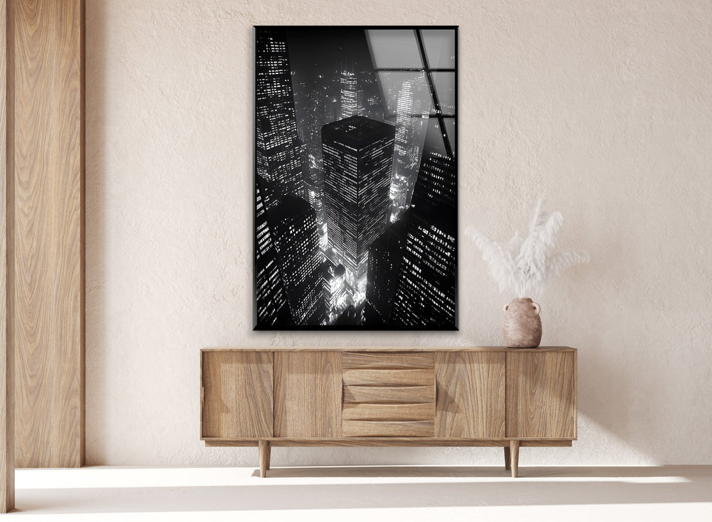 Urban Glow: Stunning Black and White City Lights on Glass Wall Art
