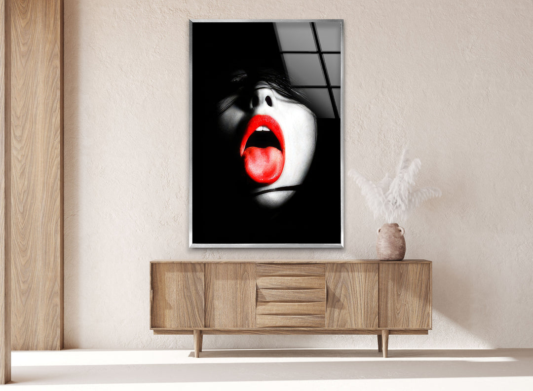 Woman With Red Lips & Tongue Glass Wall Art glass pictures for Wall, glass prints wall art
