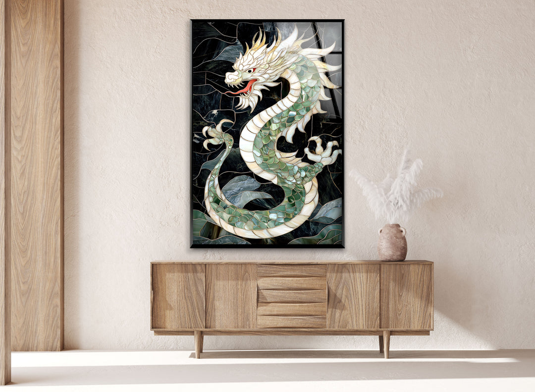 Detailed mosaic artwork of a green dragon, capturing the essence of mythical strength.
