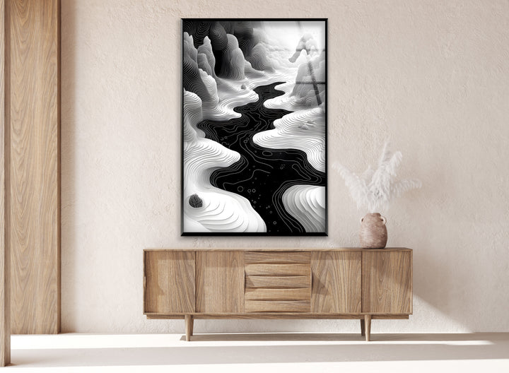 Black and White River: Beautiful Abstract Landscape on Glass Wall Art
