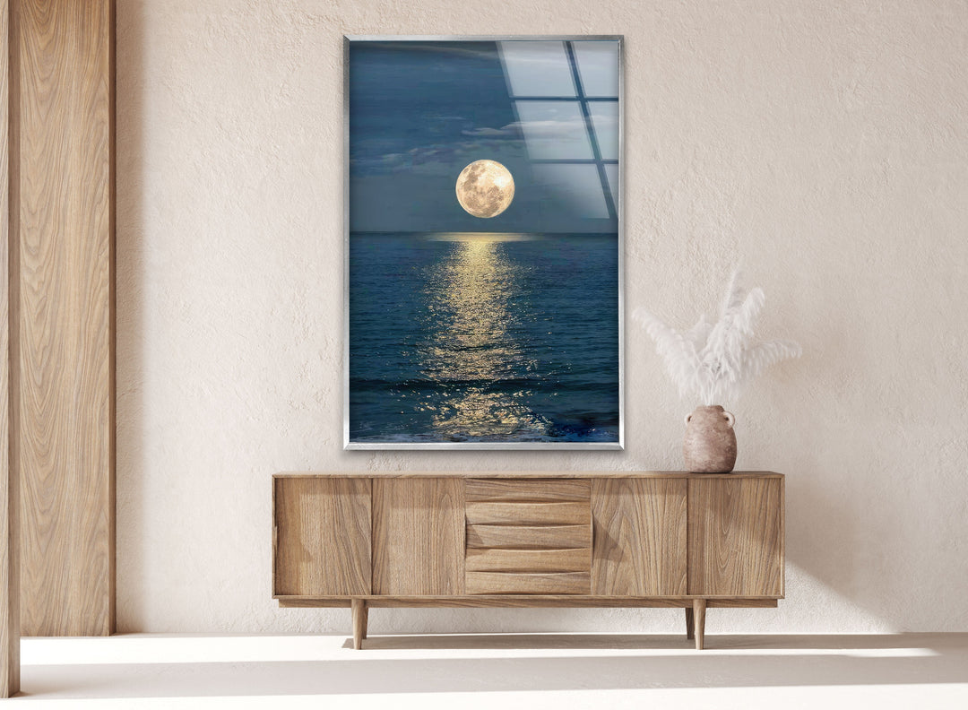 Moon and Sea Night Sunset Glass Wall Art glass art painting, glass art for the Wall
