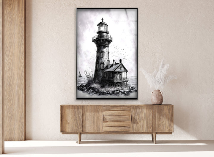 Minimalist Coastal Glass Wall Art - Black and White Lighthouse Design
