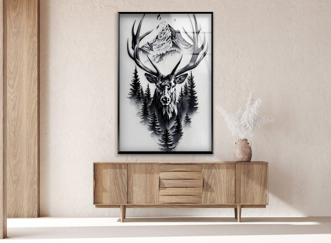 Majestic Stag & Mountain – Black & White Wildlife Wall Art