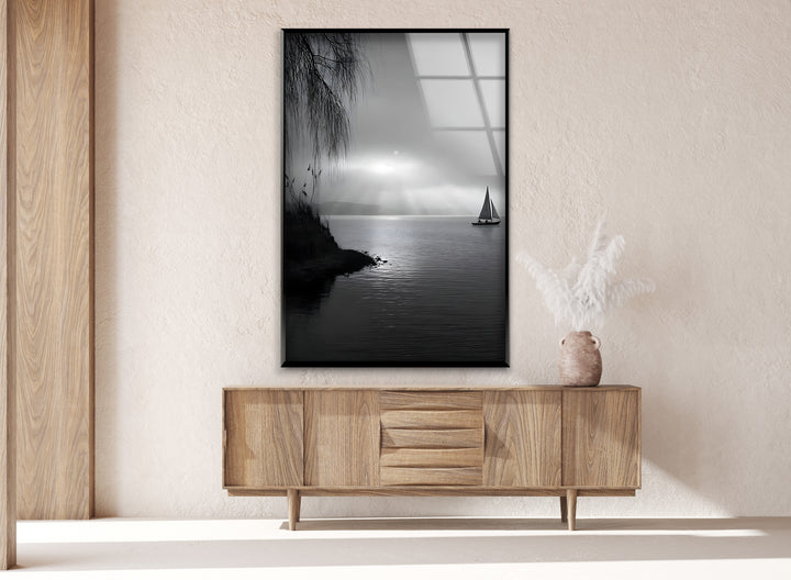 Tranquil Seascape – Black & White Sailboat Sunset Wall Art