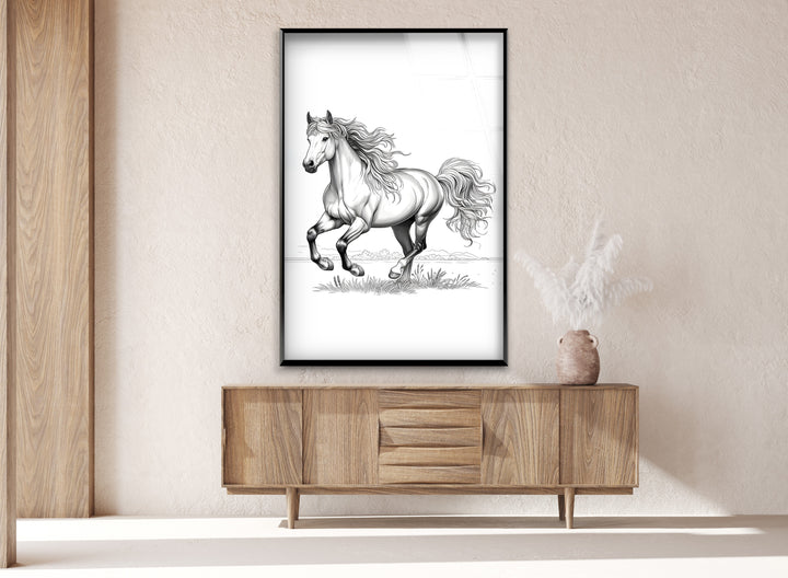 A dynamic black and white glass art piece that embodies the spirit of wild horses.