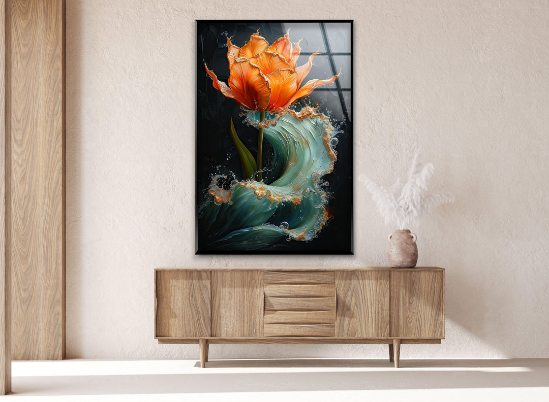 Orange Abstract Flower Glass Wall Art, glass image printing, glass prints from photos