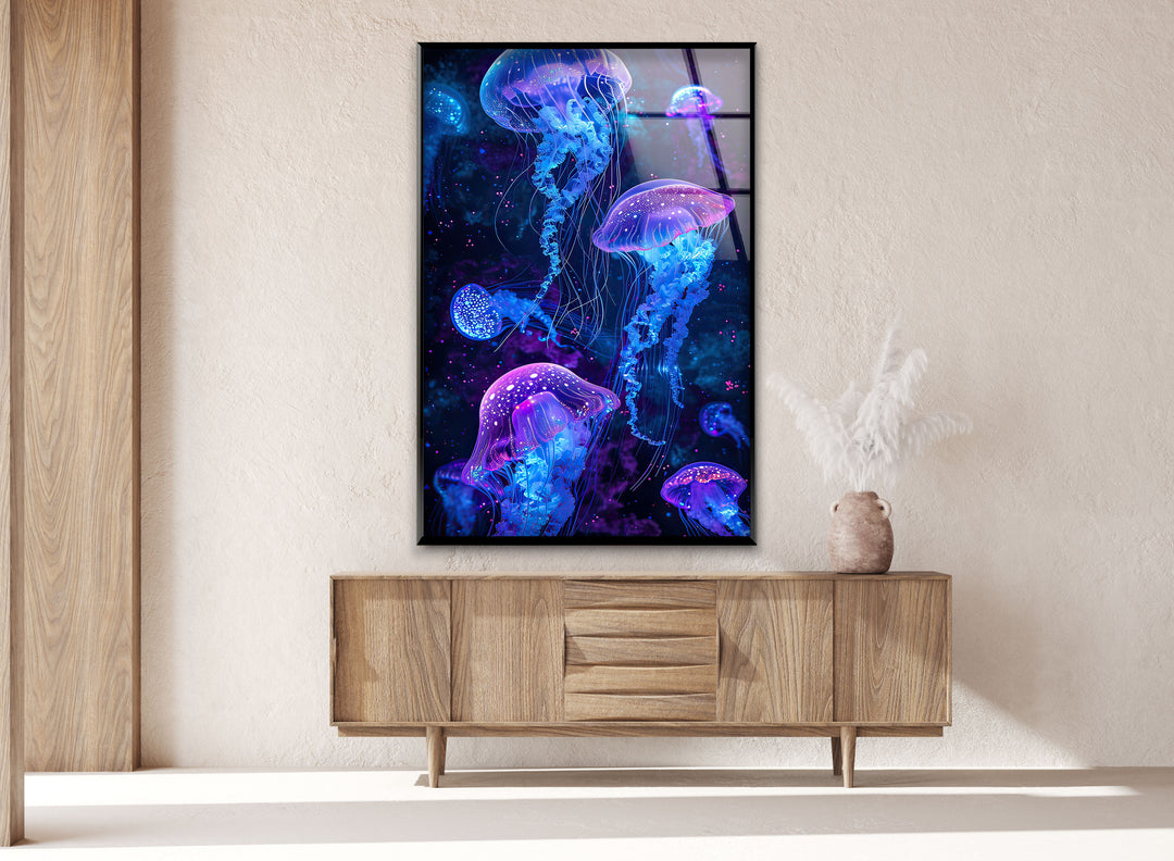 Glowing Jellyfish Glass Wall Art glass photo prints, glass picture prints