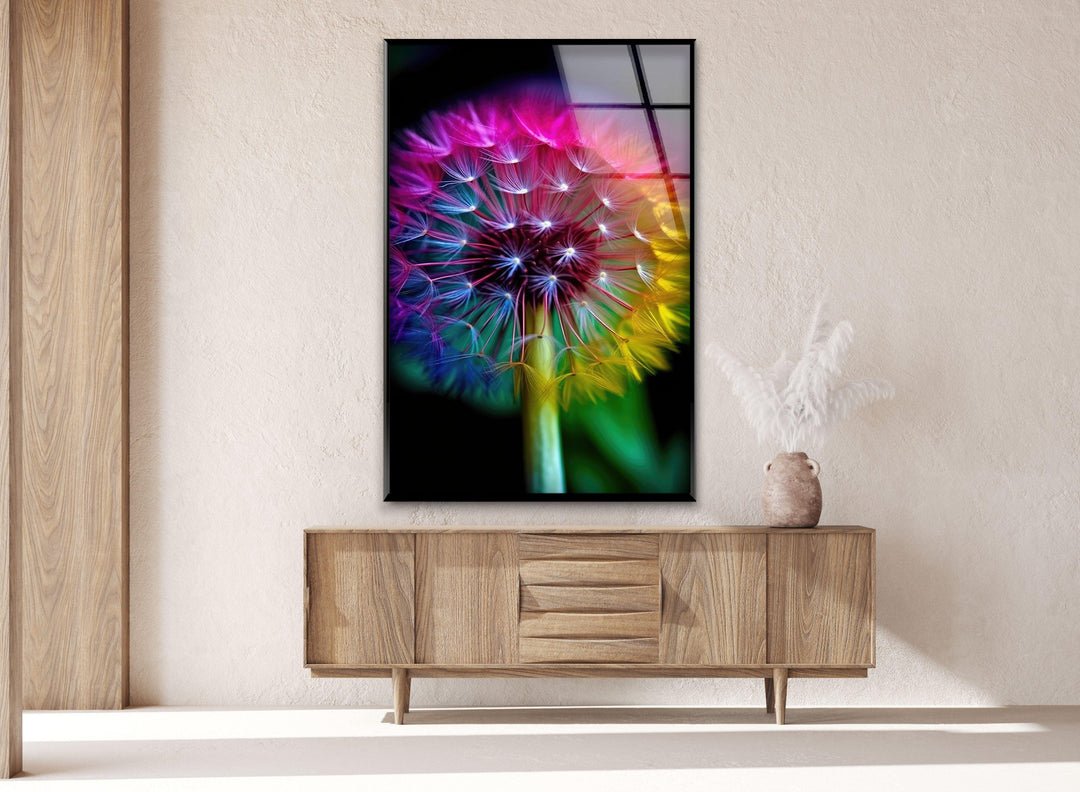 Rainbow Dandelion Glass Wall Art, glass image printing, glass prints from photos