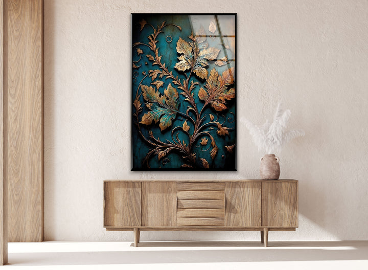 Copper Relief Leaves Glass Wall Art, glass photo prints, glass picture prints