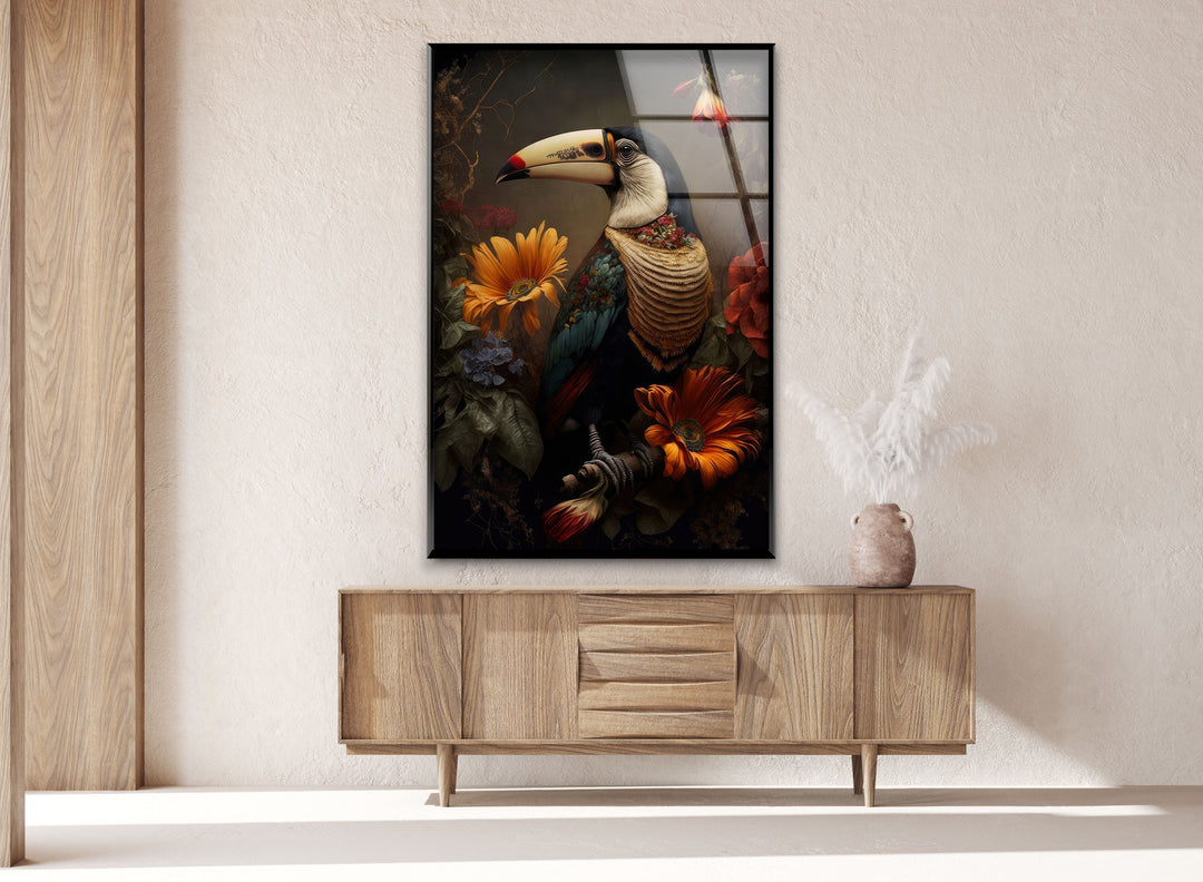 Toucan with Flowers Glass Wall Art print picture on glass,Tempered Glass Wall Art