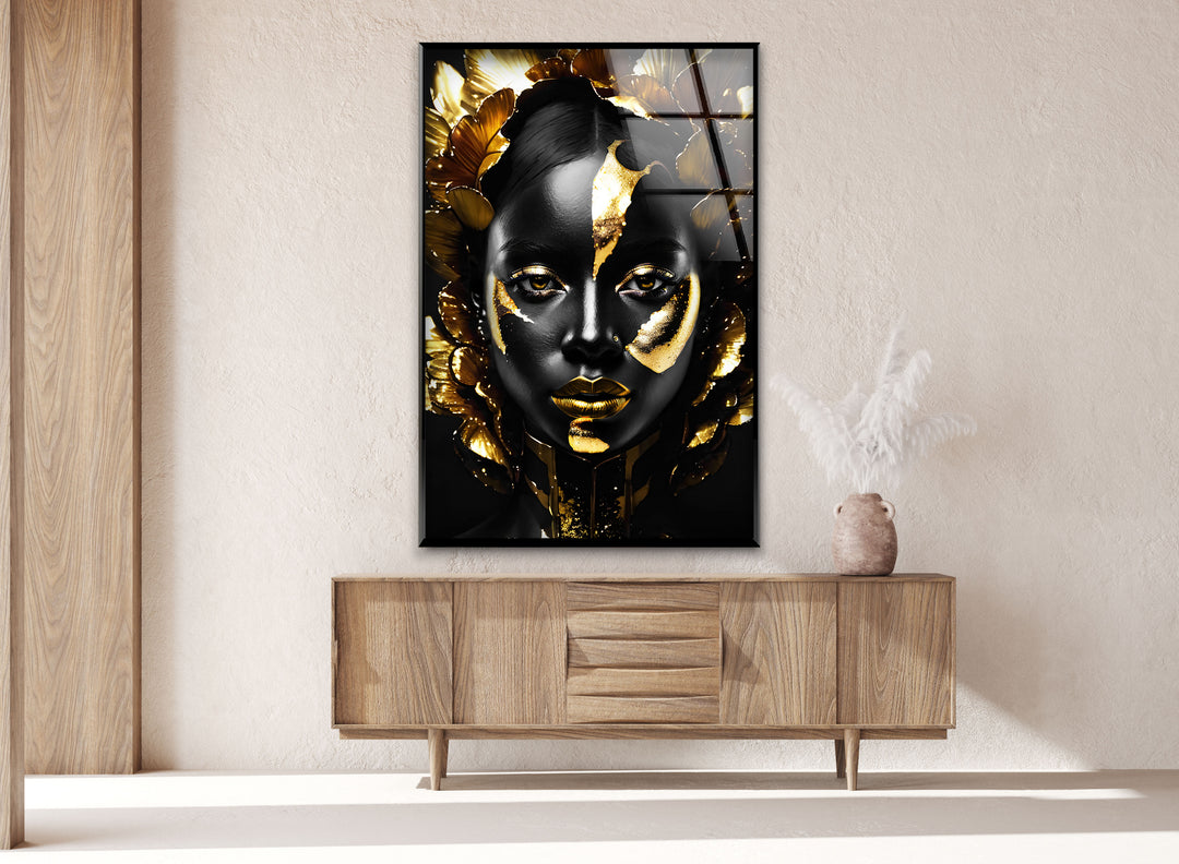 Black Woman With a Gold Face Glass Wall Art