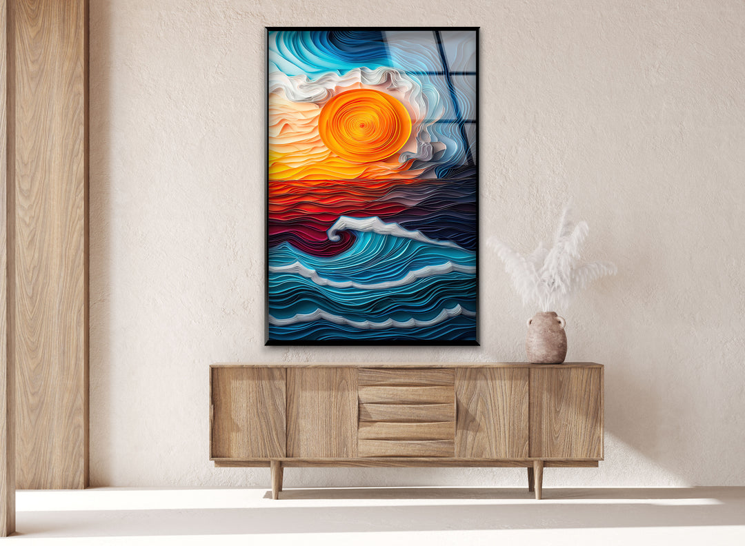 Sunset Oil Blue Painting Glass Wall Art print picture on glass, Tempered Glass Wall Art