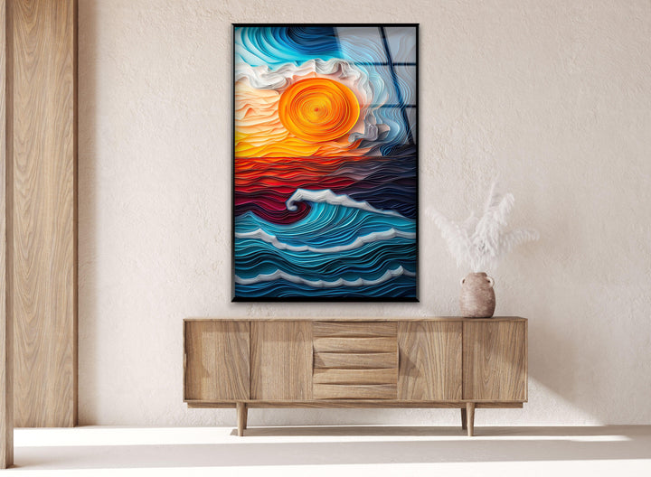 Sunset Oil Blue Painting Glass Wall Art print picture on glass, Tempered Glass Wall Art