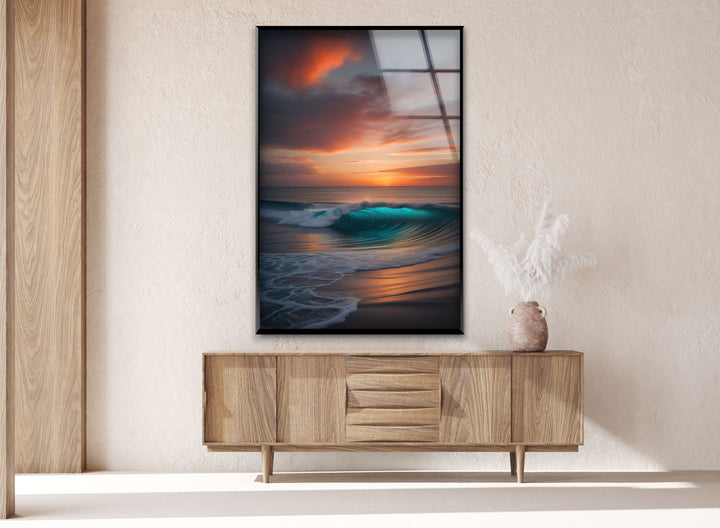 Sunset Calm Ocean Wave Glass Wall Art print on glass, glass printed photos