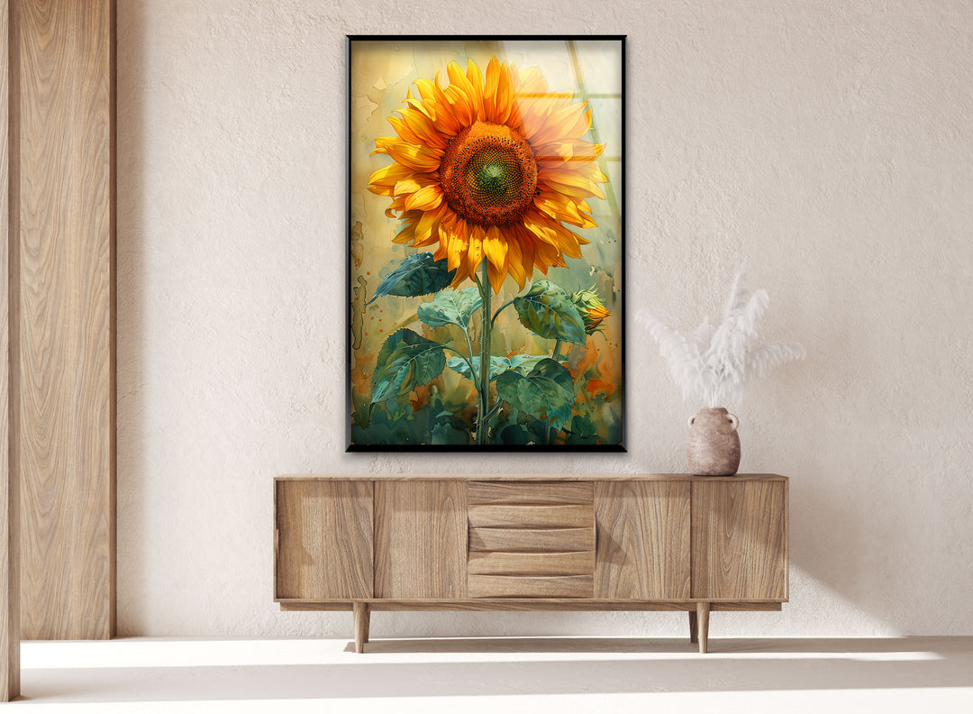 Watercolor Sunflower Glass Wall Art, glass image printing, glass prints from photos