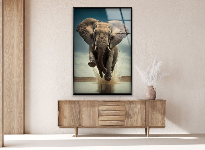 Elephant Running Glass Wall Art custom glass pictures, glass art prints