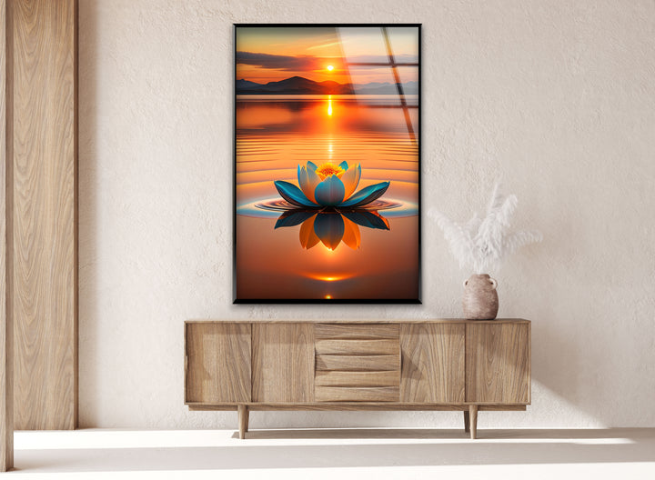 Lotus At Sunset Glass Wall Art, custom glass pictures, glass art prints