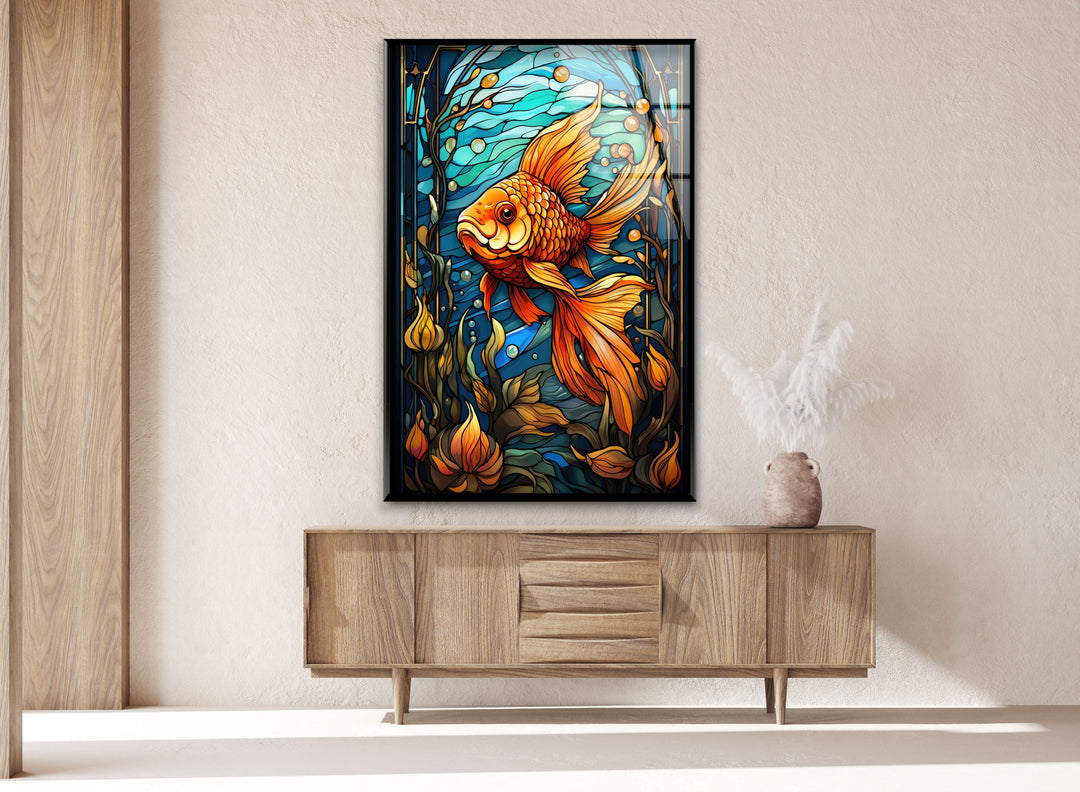 Colored Golden Fish Glass Wall Art glass art painting, glass art for the Wall