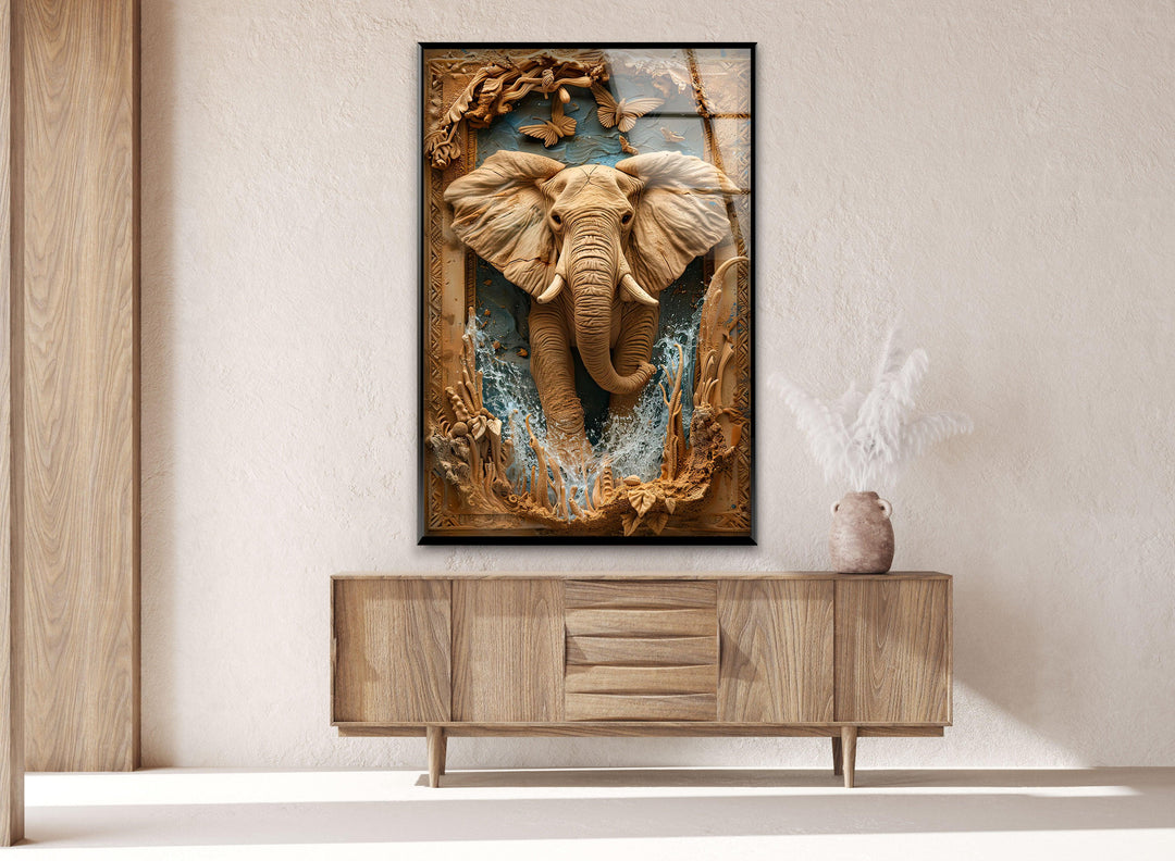 Elephant Carving Glass Wall Art custom glass photo prints, large glass prints