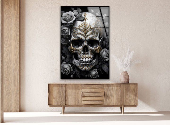 Skull & Rose Modern Glass Art & Cool Wall Art