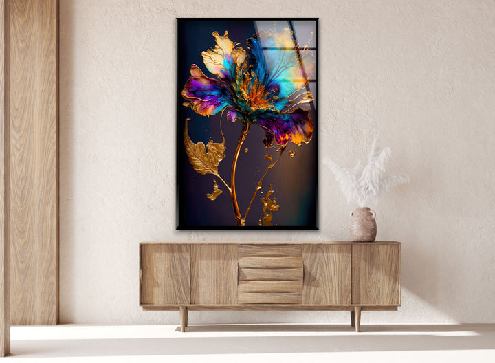 Gold Abstract Flower Glass Wall Art, photo print on glass, prints on glass wall art