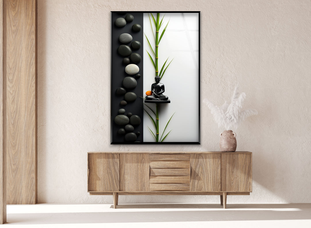 Buddha Statue and Stones Glass Wall Art