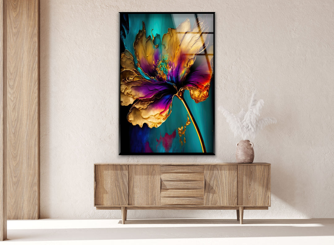 Gold Abstract Flower Glass Wall Art, glass pictures for Wall, glass prints wall art