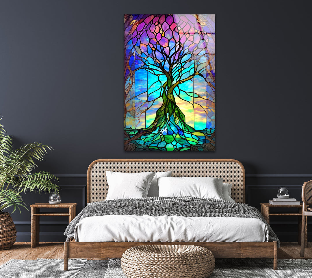 Stained Purple Life of Tree Glass Wall Art glass art painting, glass art for the Wall