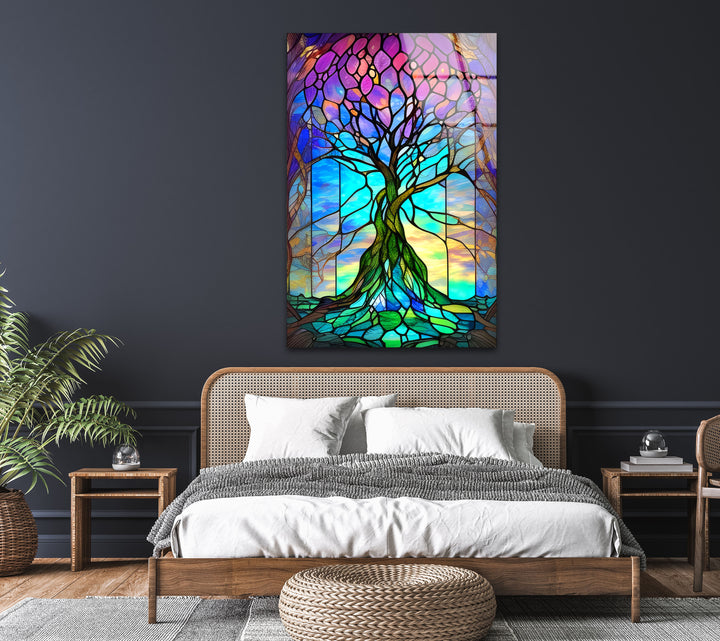 Stained Purple Life of Tree Glass Wall Art glass art painting, glass art for the Wall