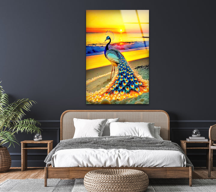 Sunset Peacock Glass Wall Art glass image printing, glass prints from photos