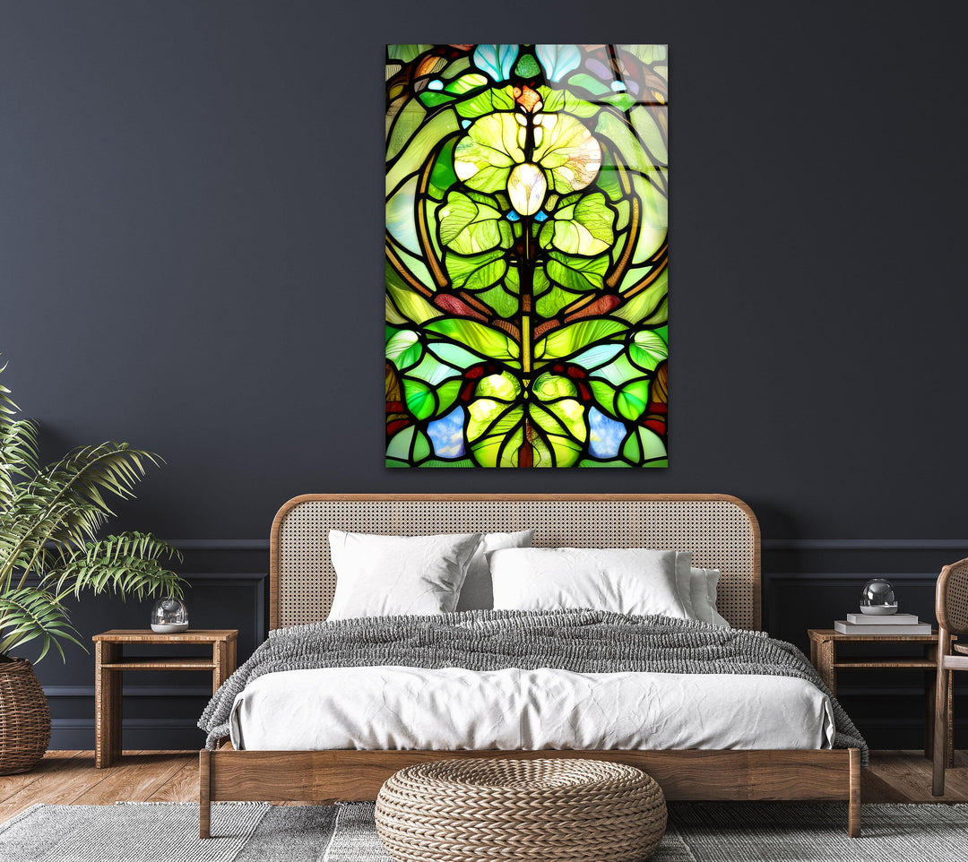 Stained Green Leaf Glass Wall Art, glass image printing, glass prints from photos