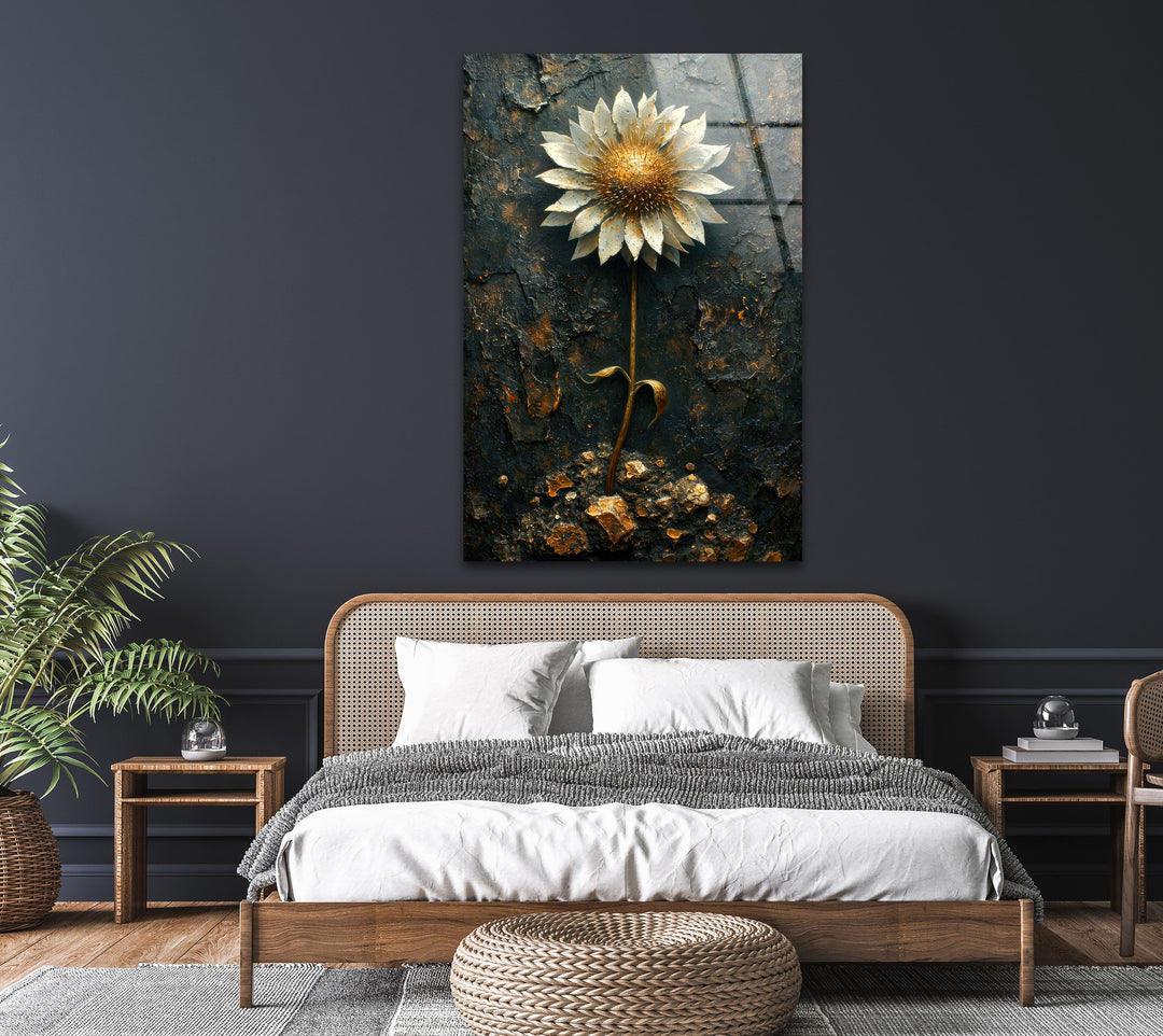 Sunflower With Gold Leaves Glass Wall Art, glass image printing, glass prints from photos