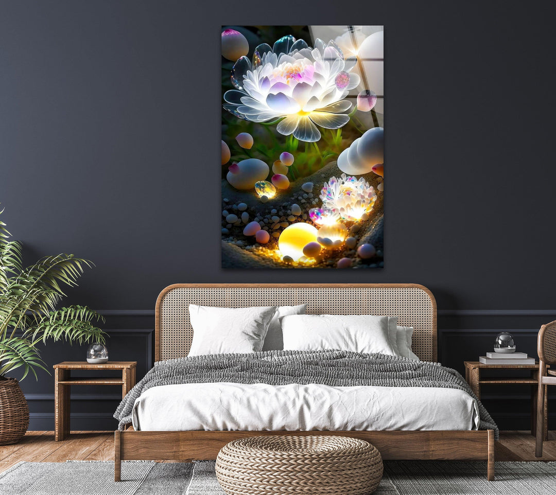 Glowing Lotus Flower Glass Wall Art, glass pictures for Wall, glass prints wall art