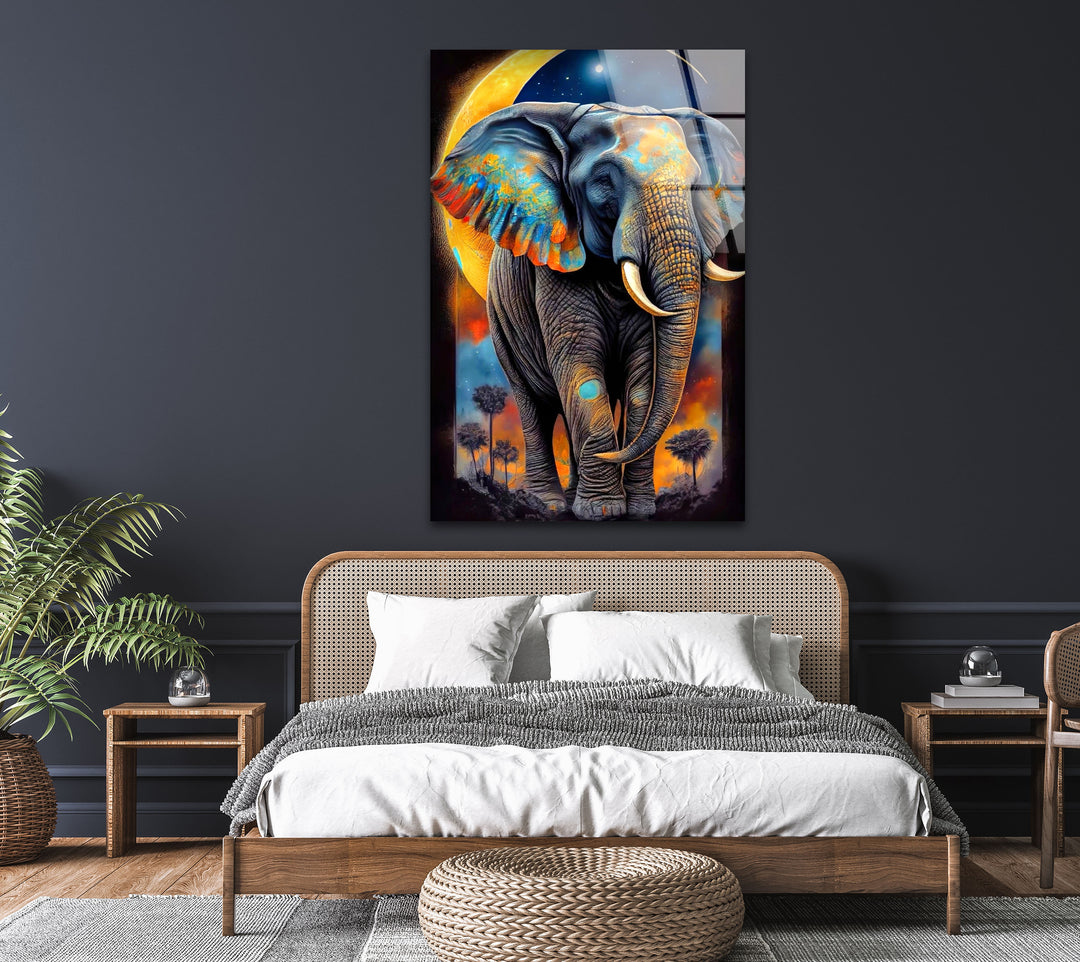 Elephant With Moon Glass Wall Art glass art painting, glass art for the Wall