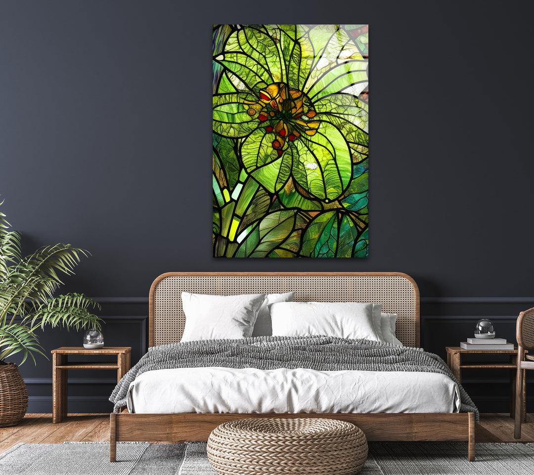 Green Flower Stained Glass Wall Art, glass pictures for Wall, glass prints wall art