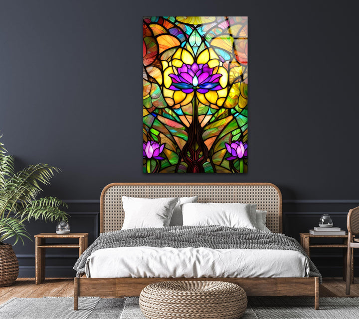 Stained Purple Flowers Glass Wall Art photo print on glass, prints on glass wall art