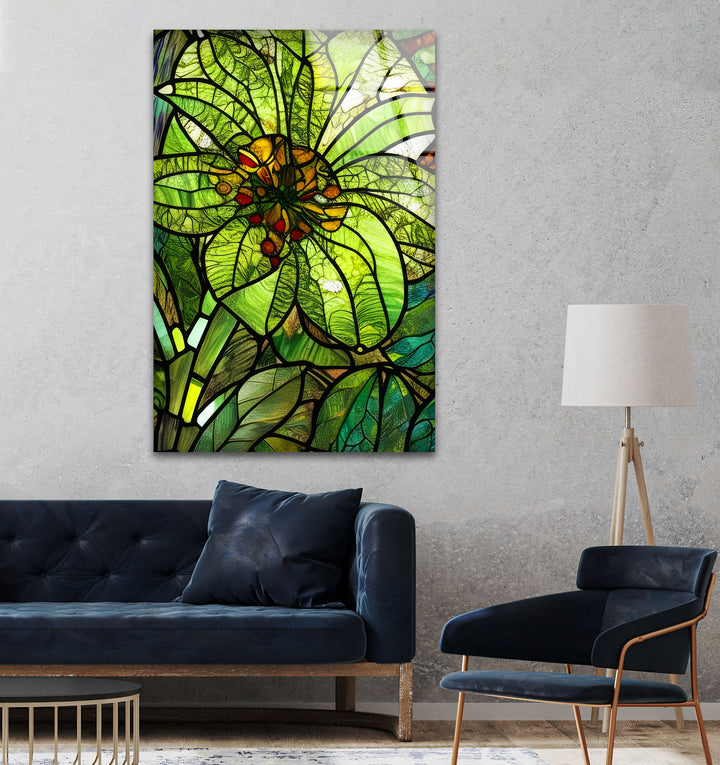 Green Flower Stained Glass Wall Art, glass image printing, glass prints from photos