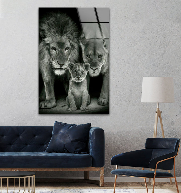 Lion Family Glass Wall Art photo print on glass, prints on glass wall art