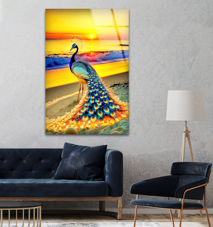 Sunset Peacock Glass Wall Art photo print on glass, prints on glass wall art