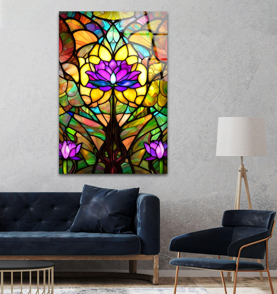 Stained Purple Flowers Glass Wall Art custom glass pictures, glass art prints