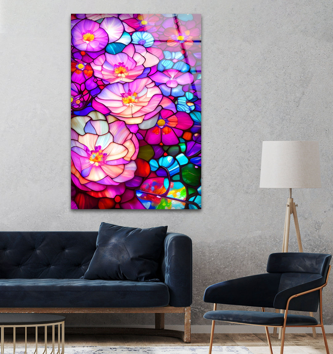 Pink Stained Flowers Glass Wall Art